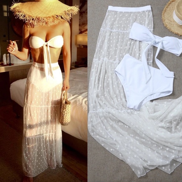 3 piece set ✨ mesh dot skirt strapless bikini boho - Picture 3 of 5
